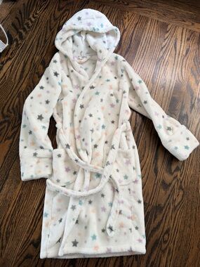 P.J. Salvage Cream Plush Hooded Kids Robe with Pastel Star Print